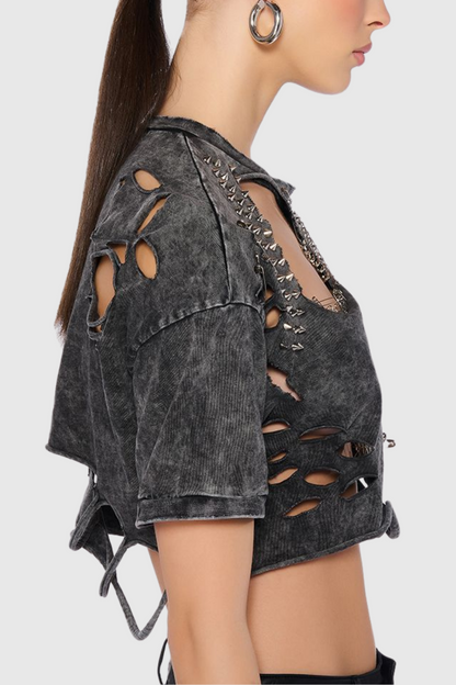 Kira Cutout Paperclip Embellished T-shirt - Grey