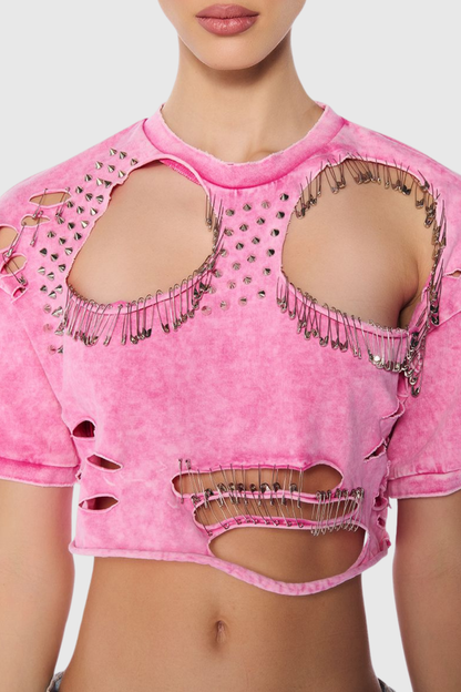 Kira Cutout Paperclip Embellished T-shirt - Pink