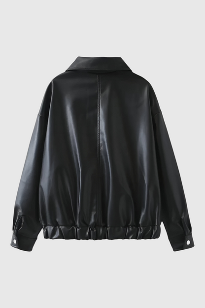 Relaxed Faux Leather Jacket | Zip Front And Elastic Hem