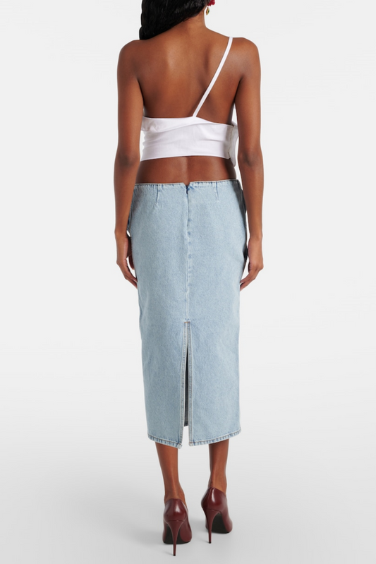 Laundra Floral Appliqué Denim Midi Skirt