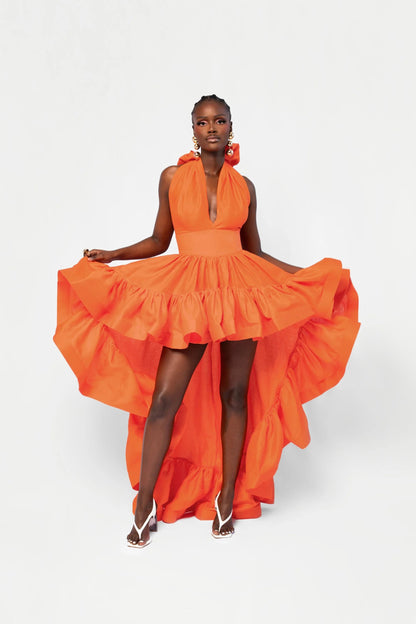 V - Neck Halter Asymmetric Ruffle Gown