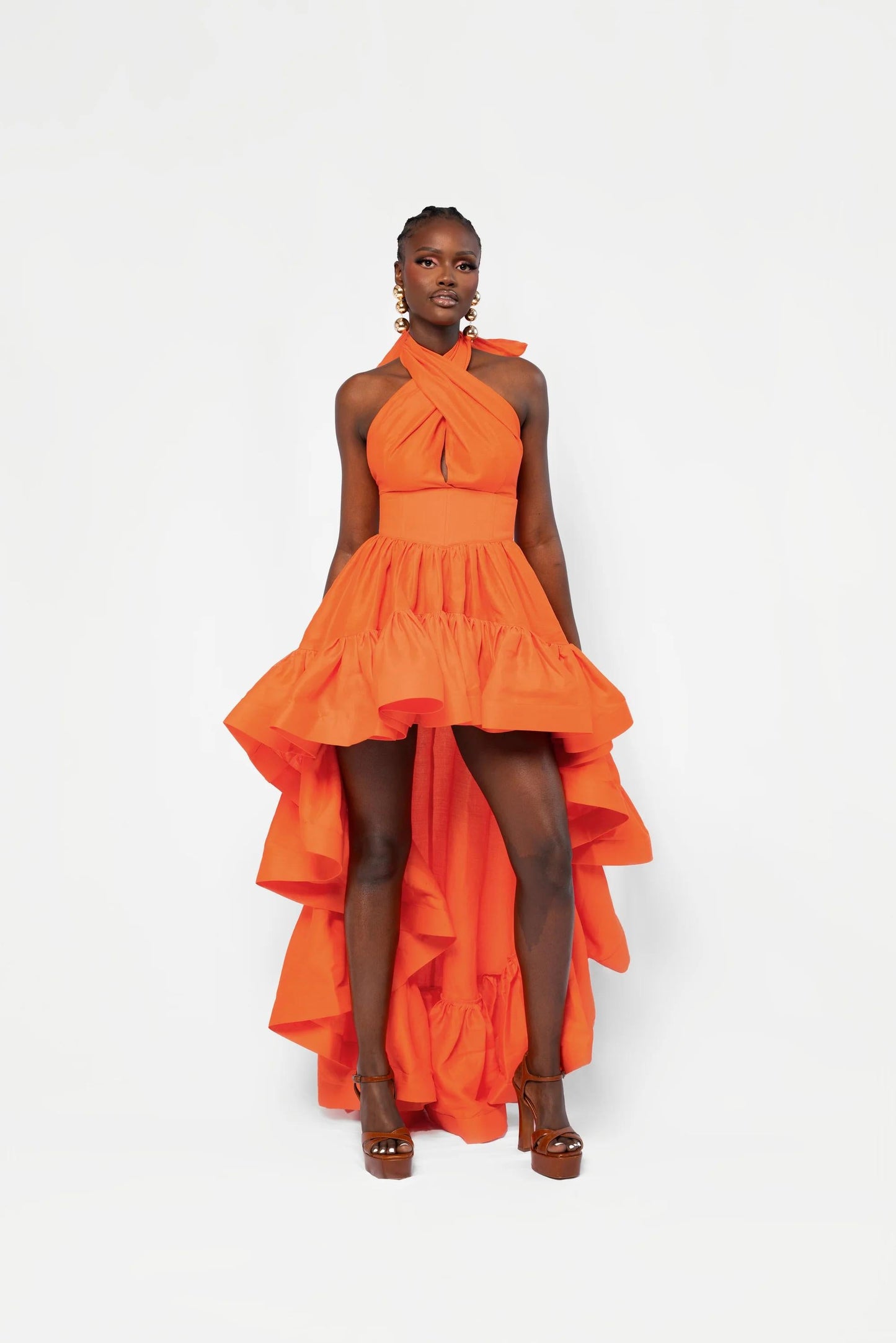 V - Neck Halter Asymmetric Ruffle Gown