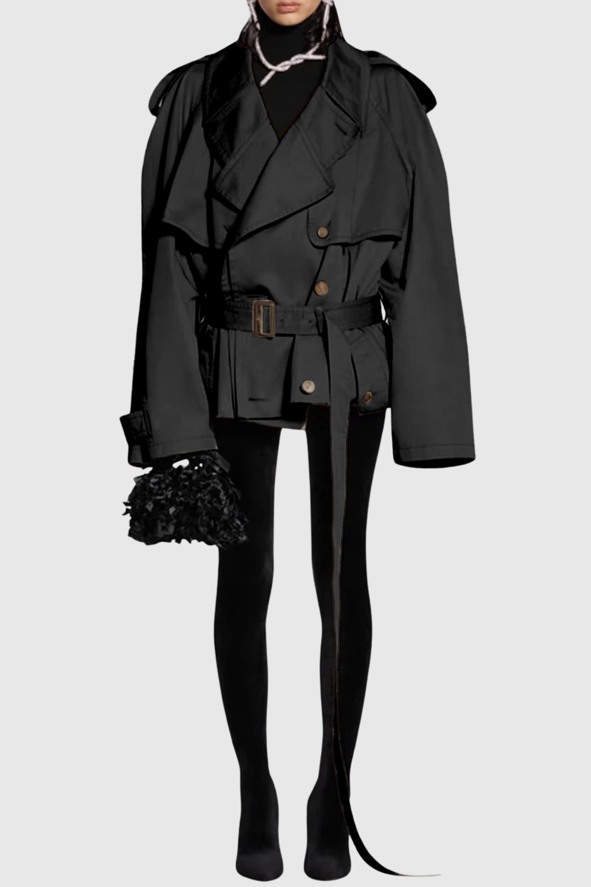 Lisane Double Breasted Short Trench Coat - Black