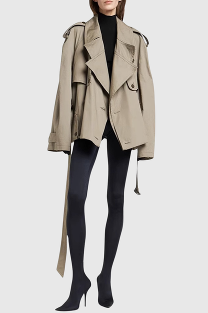 Lisane Double Breasted Short Trench Coat - Khaki