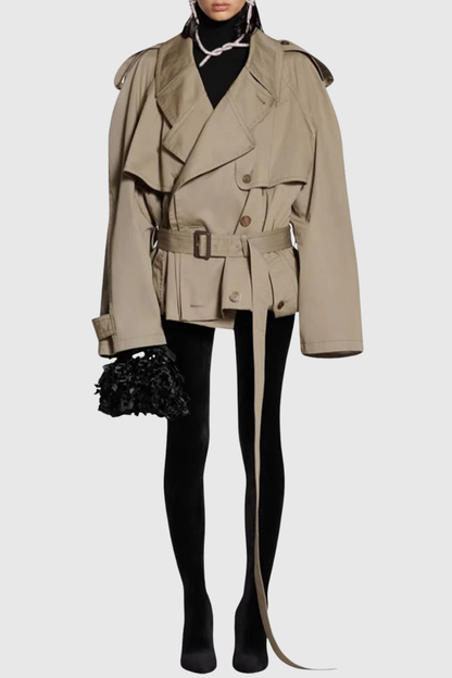Lisane Double Breasted Short Trench Coat - Khaki