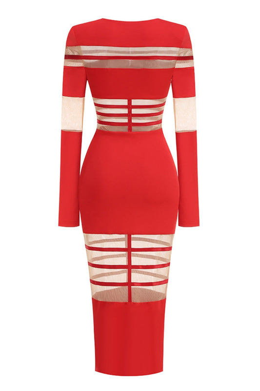 Londyn Mesh Long Sleeve Midi Dress - Red