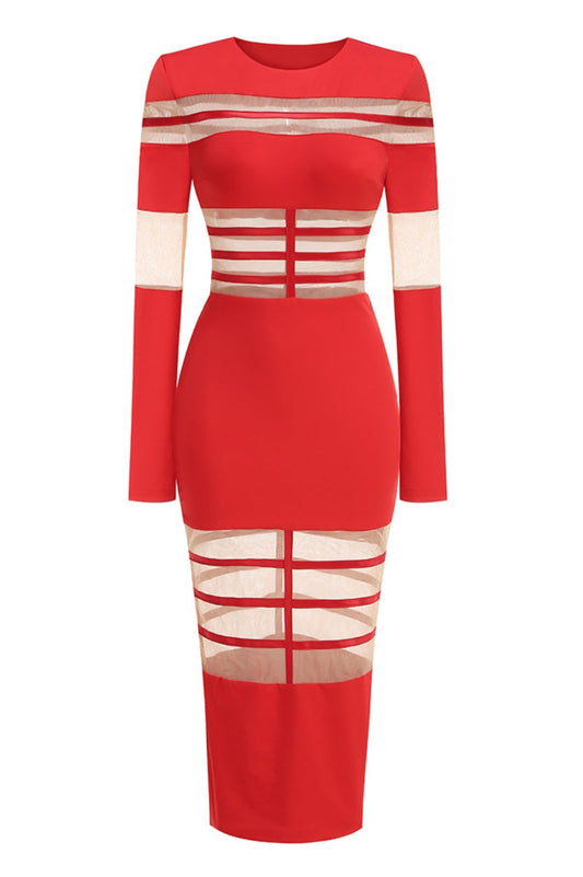 Londyn Mesh Long Sleeve Midi Dress - Red