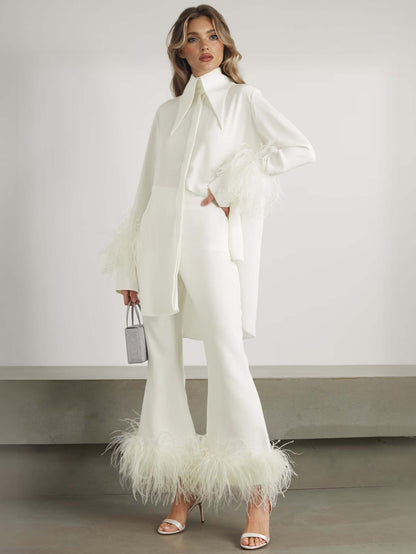 Elegant Satin Feather-trimmed Shirt Two-piece Set