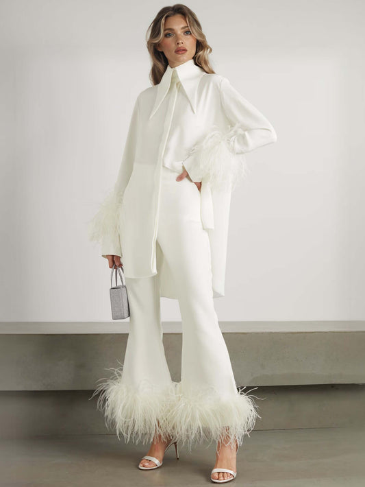 Elegant Satin Feather-trimmed Shirt Two-piece Set