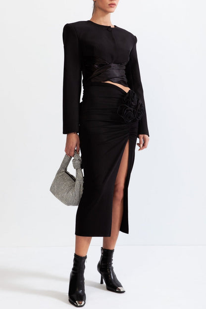 Maelie Bow Detail Satin Crop Blazer  - Black