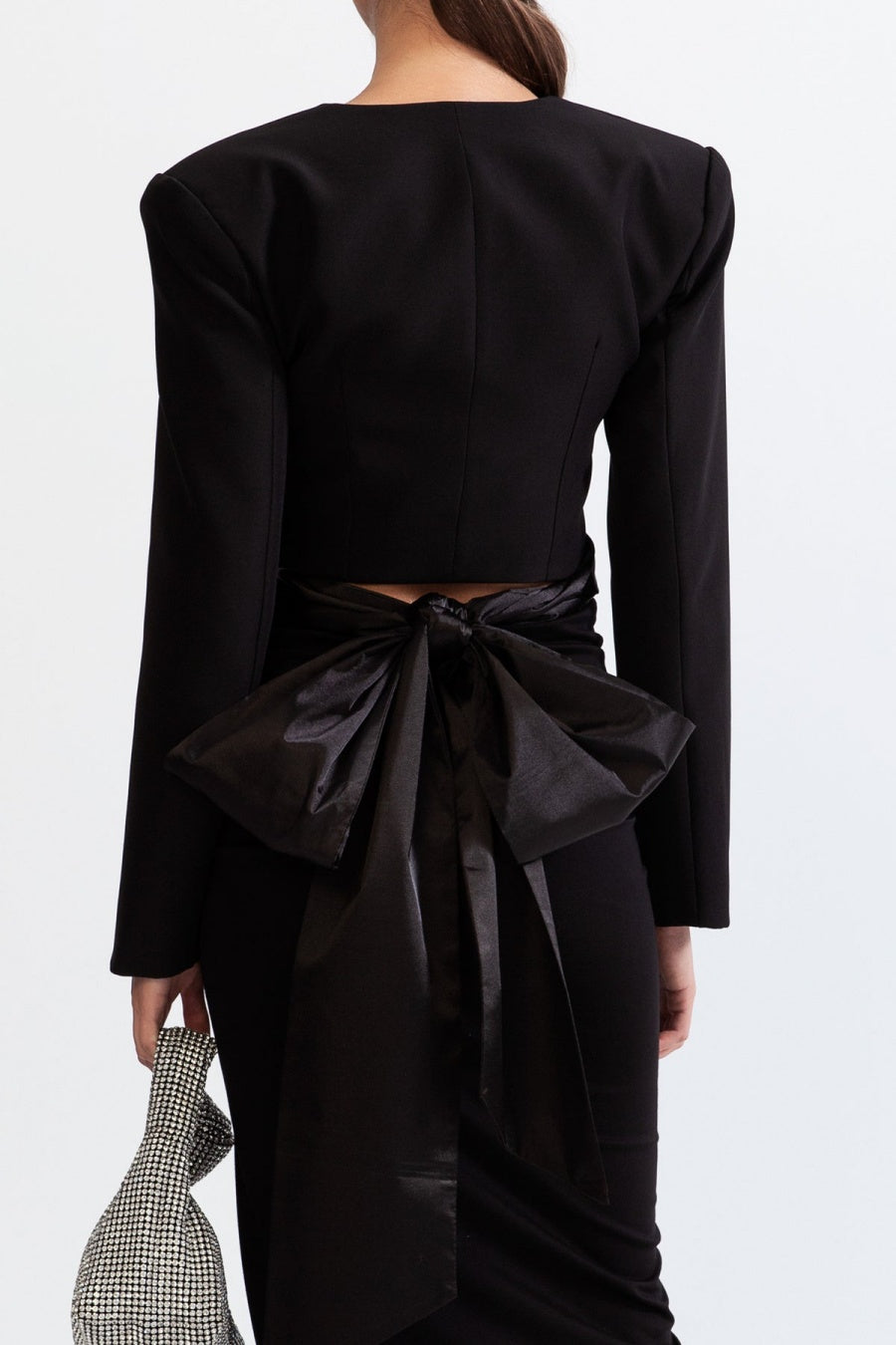 Maelie Bow Detail Satin Crop Blazer  - Black