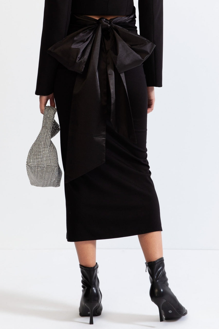 Maelie Bow Detail Satin Crop Blazer  - Black