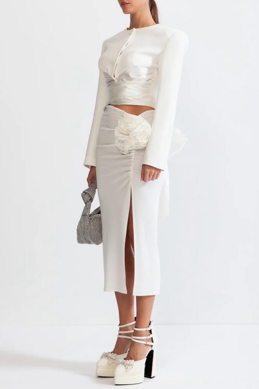 Maelie Bow Detail Satin Crop Blazer  - White