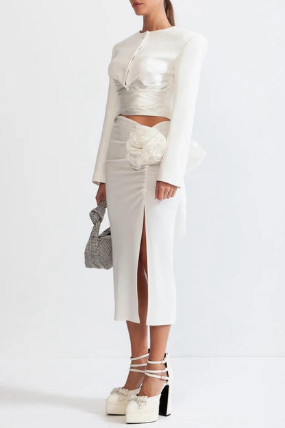 Maelie Bow Detail Satin Crop Blazer  - White