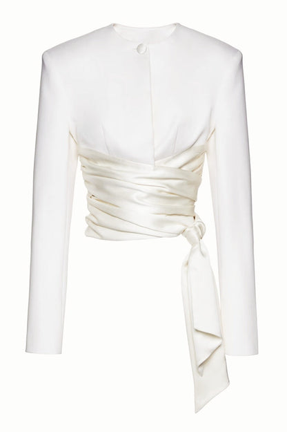 Maelie Bow Detail Satin Crop Blazer  - White