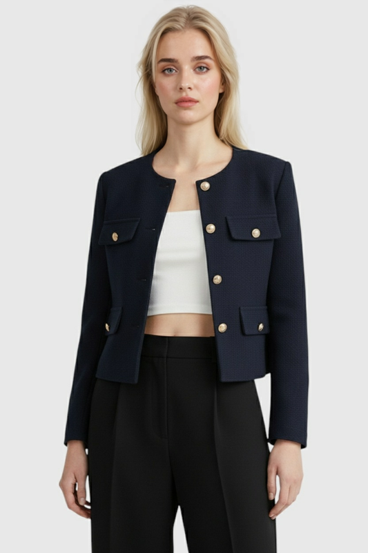 Textured Pocket Jacket | Round Neck, Gold-Tone Button Detail