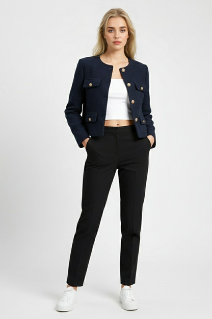 Textured Pocket Jacket | Round Neck, Gold-Tone Button Detail