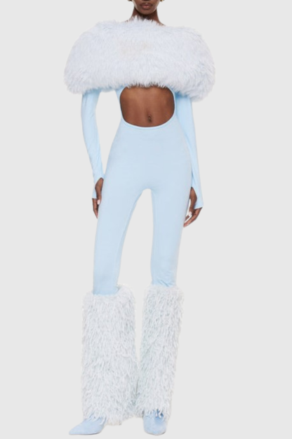 Marja Faux Fur Cutout Midi Jumpsuit - Blue