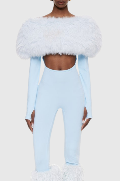 Marja Faux Fur Cutout Midi Jumpsuit - Blue