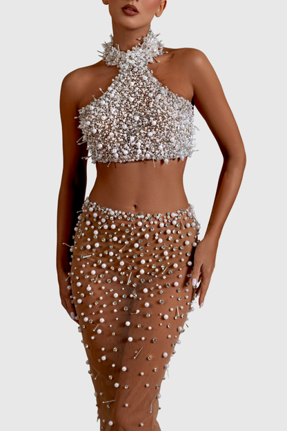 Marka Halte Crystal Pearl Top & Mesh Skirt Set