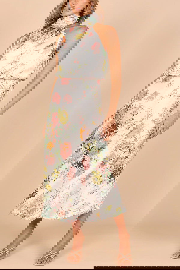 Mature Elegant Sleeveless Halter Printed Satin Dress