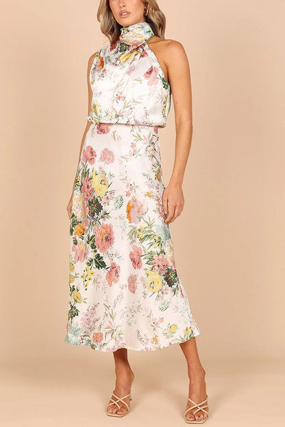 Mature Elegant Sleeveless Halter Printed Satin Dress