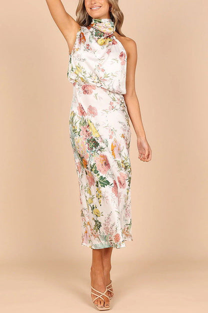Mature Elegant Sleeveless Halter Printed Satin Dress
