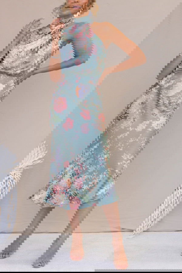 Mature Elegant Sleeveless Halter Printed Satin Dress