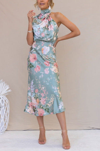 Mature Elegant Sleeveless Halter Printed Satin Dress