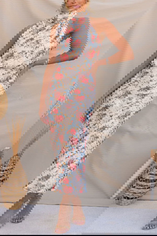 Mature Elegant Sleeveless Halter Printed Satin Dress