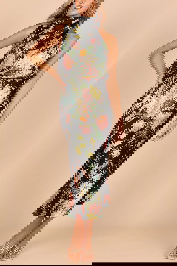 Mature Elegant Sleeveless Halter Printed Satin Dress