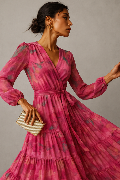 Aurora Printed V-Neck Maxi Dress | Long Sleeve | Self-Tie Waist