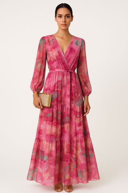 Aurora Printed V-Neck Maxi Dress | Long Sleeve | Self-Tie Waist