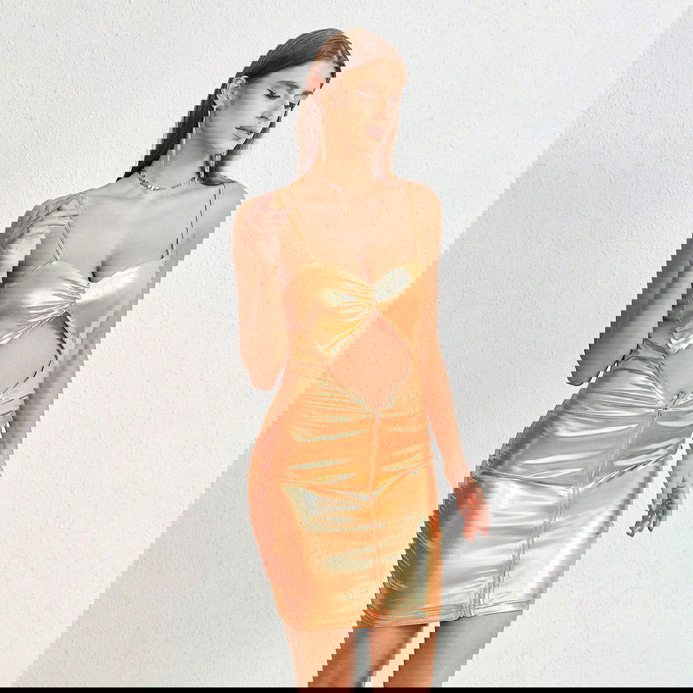 Metallic Coated Fabric Hollow Out Cutout Backless Nightclub Party Halter Dress