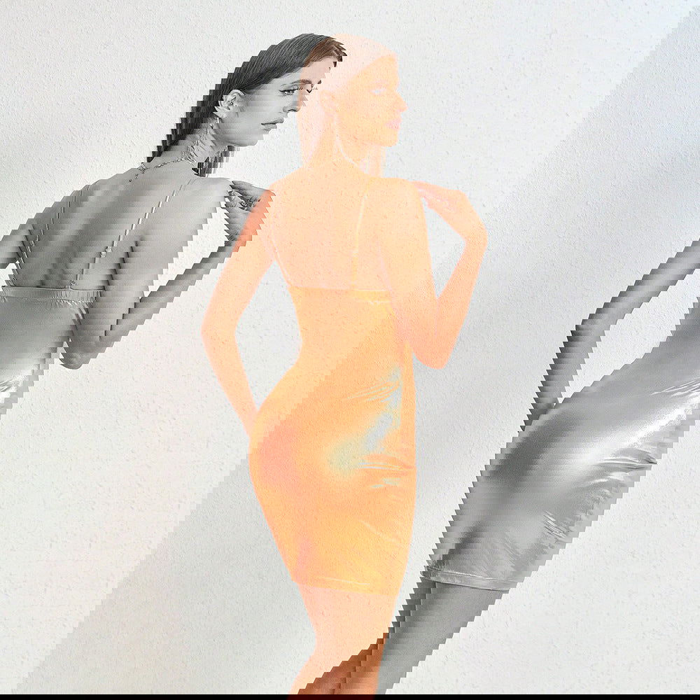 Metallic Coated Fabric Hollow Out Cutout Backless Nightclub Party Halter Dress