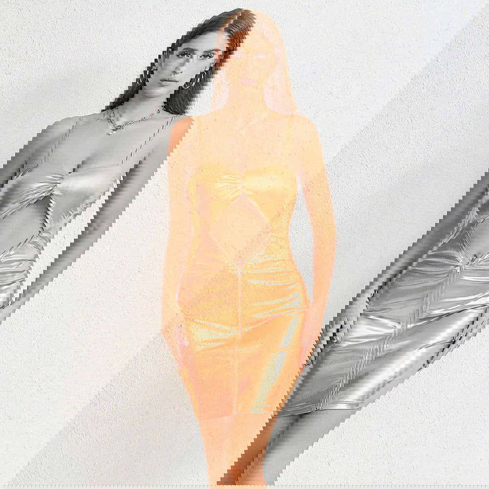 Metallic Coated Fabric Hollow Out Cutout Backless Nightclub Party Halter Dress