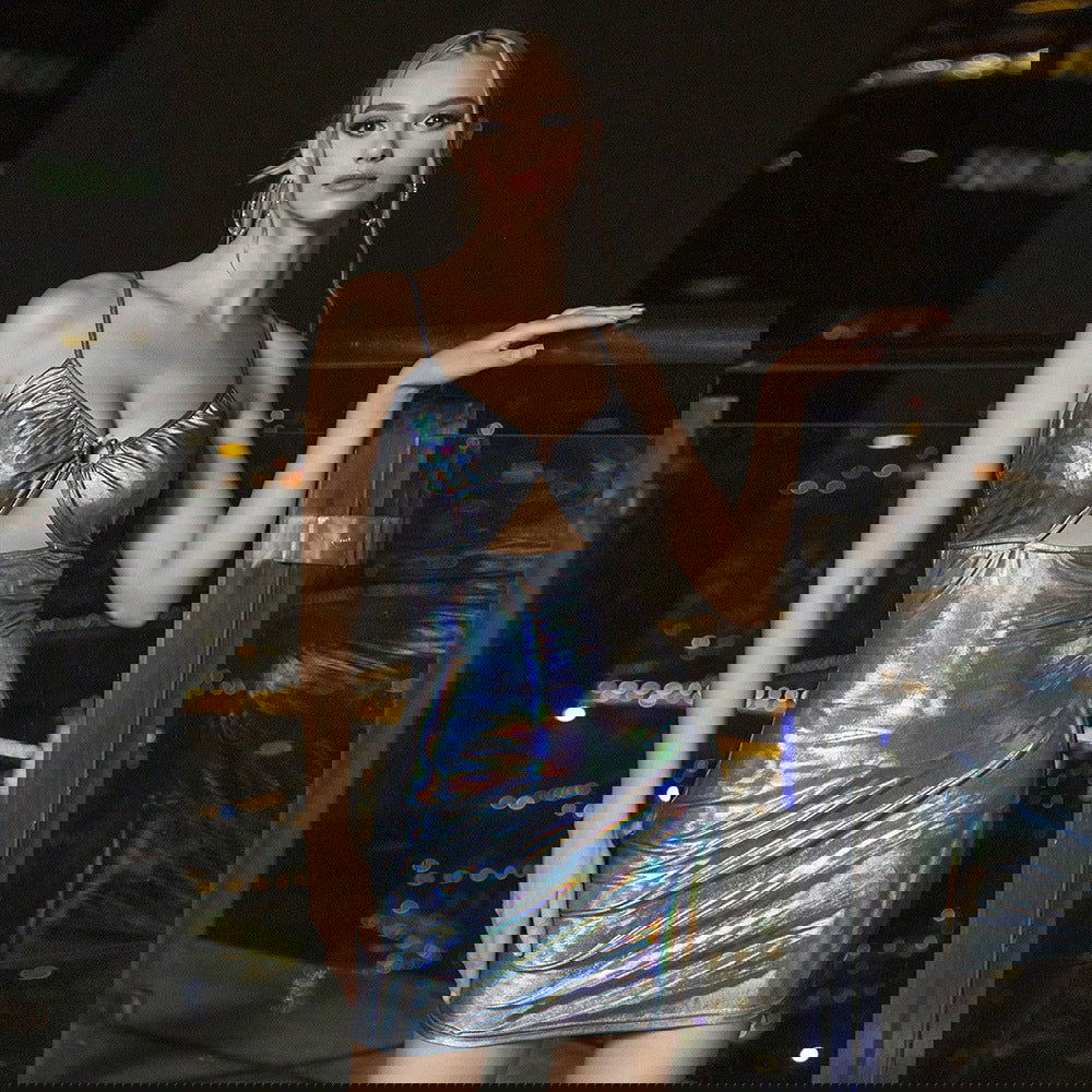 Metallic Coated Fabric Shiny Night Club Slip Hip Dress