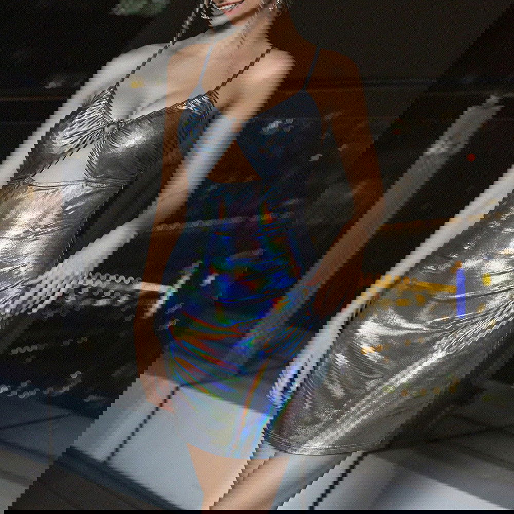 Metallic Coated Fabric Shiny Night Club Slip Hip Dress
