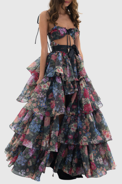 Nicola Floral Cutout Ruffle Skirt Two Piece Set
