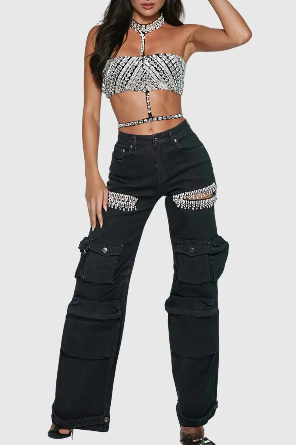 Nimat Rhinestone Cutout Cargo Jeans - Black