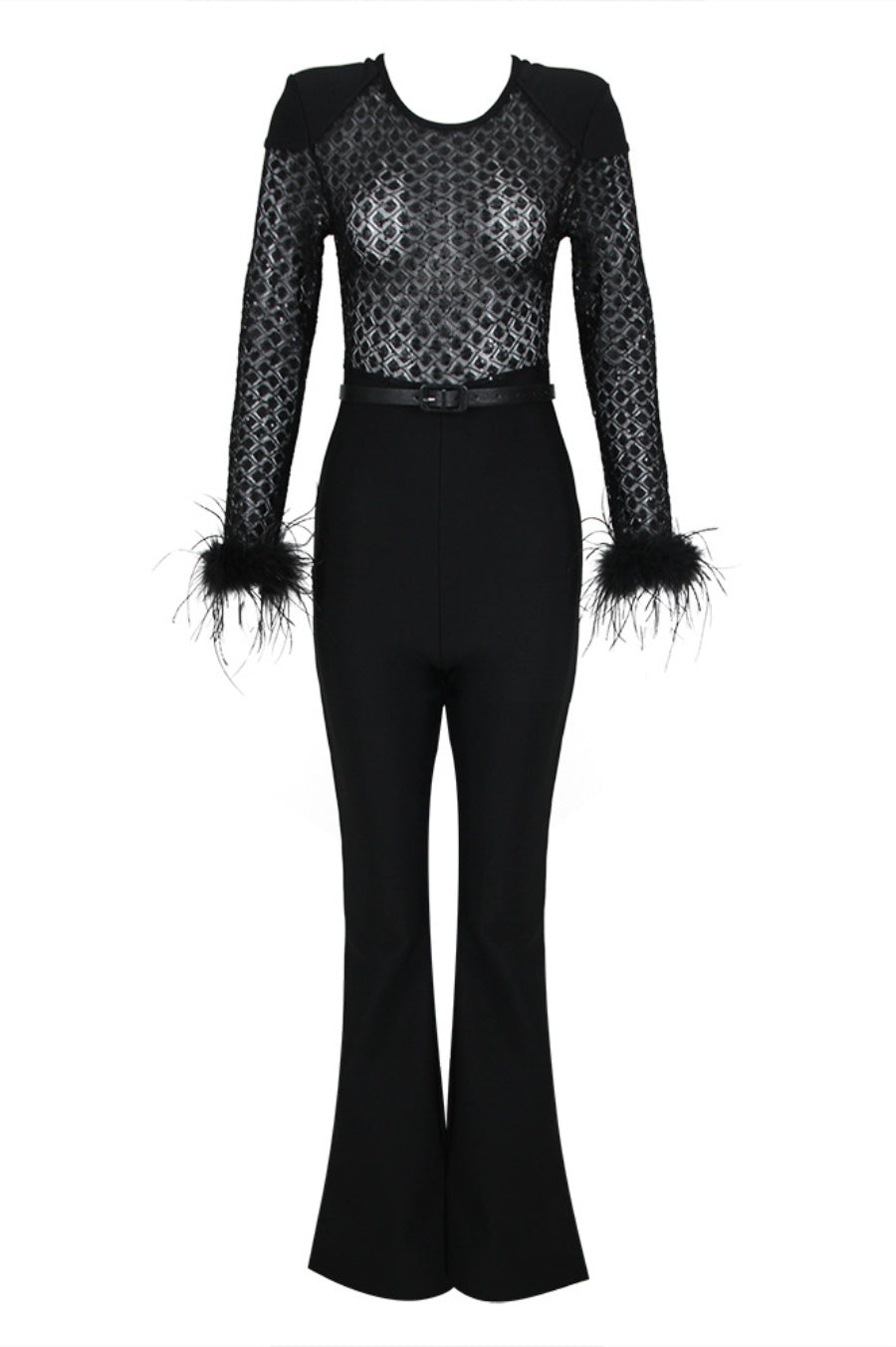 Noelle Sequin Feather Belted Bandage Jumpsuit