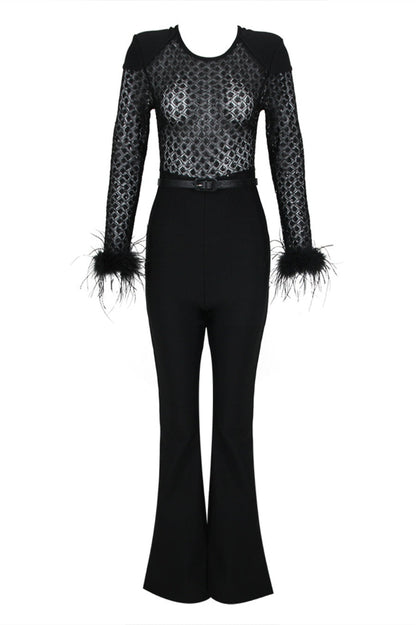 Noelle Sequin Feather Belted Bandage Jumpsuit