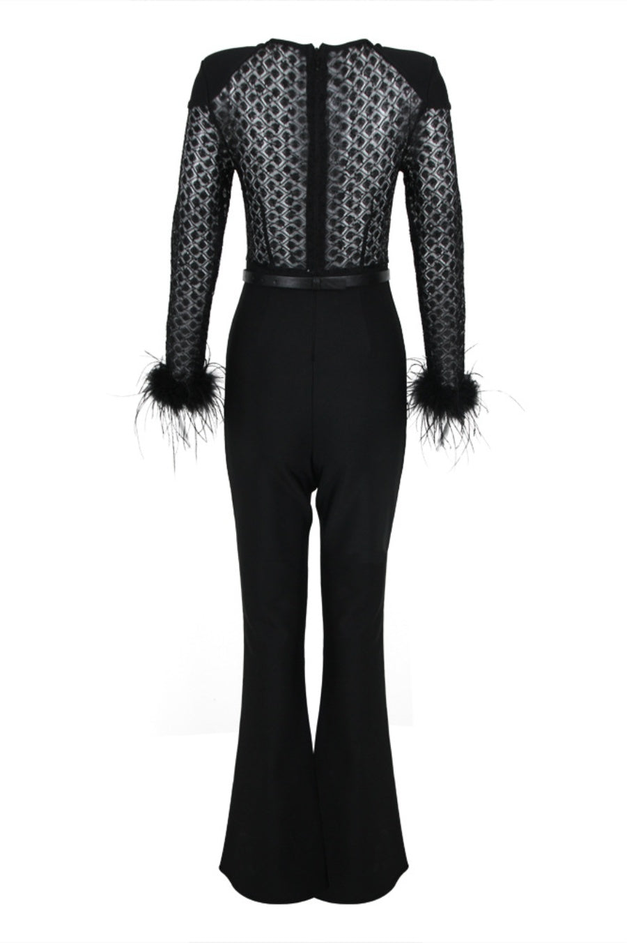 Noelle Sequin Feather Belted Bandage Jumpsuit