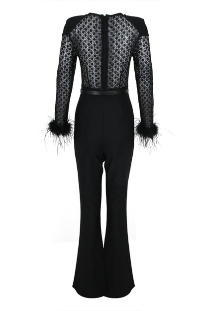 Noelle Sequin Feather Belted Bandage Jumpsuit
