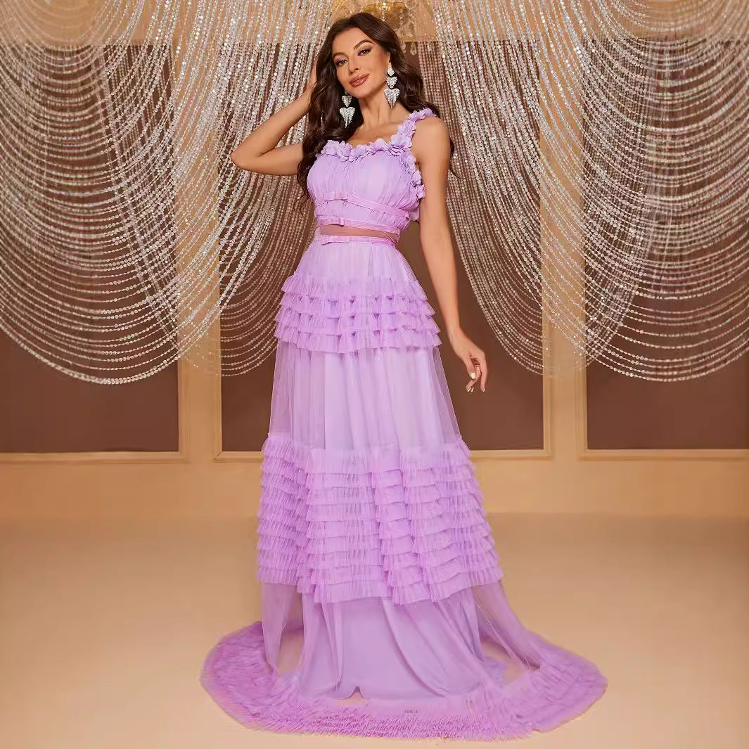 Lace Sling Maxi Dress Sleeveless Cake Multi Layer Stitching Elegant Dress