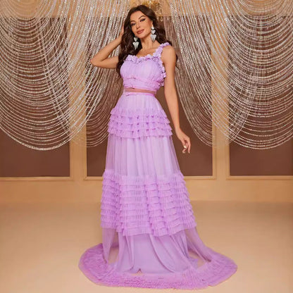 Lace Sling Maxi Dress Sleeveless Cake Multi Layer Stitching Elegant Dress