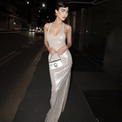 Wear Spaghetti Straps Sleeveless U Collar Slim Fit Sequined Dress
