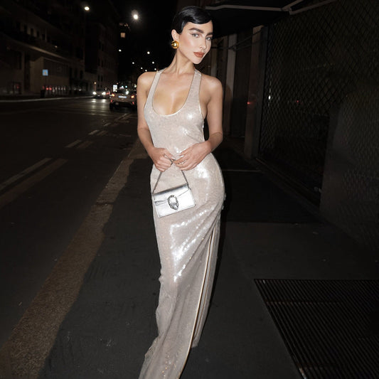 Wear Spaghetti Straps Sleeveless U Collar Slim Fit Sequined Dress