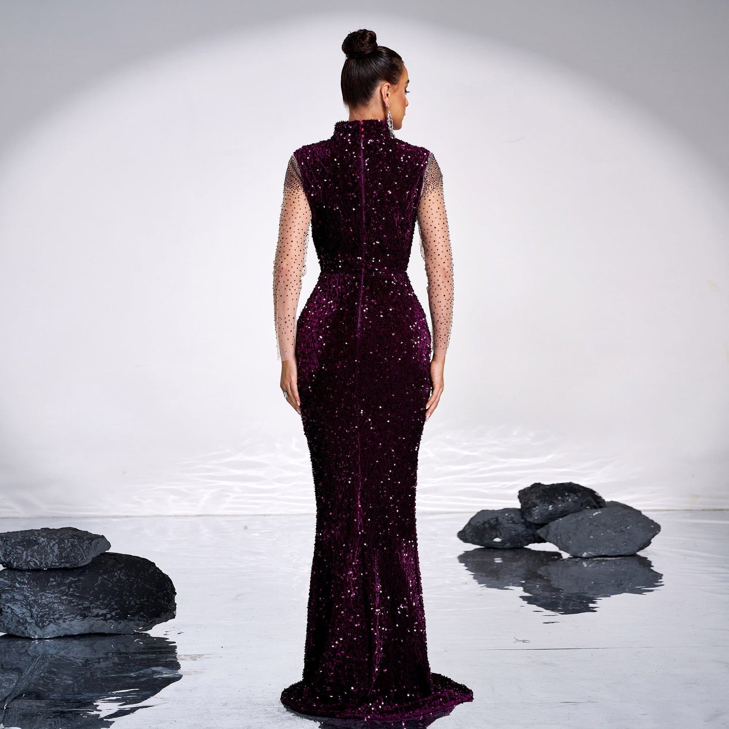 Premium Long Sleeve Square Neck Hip Wrapped Cocktail Sequined Rhinestone Fishtail Evening Dress