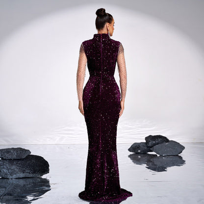 Premium Long Sleeve Square Neck Hip Wrapped Cocktail Sequined Rhinestone Fishtail Evening Dress